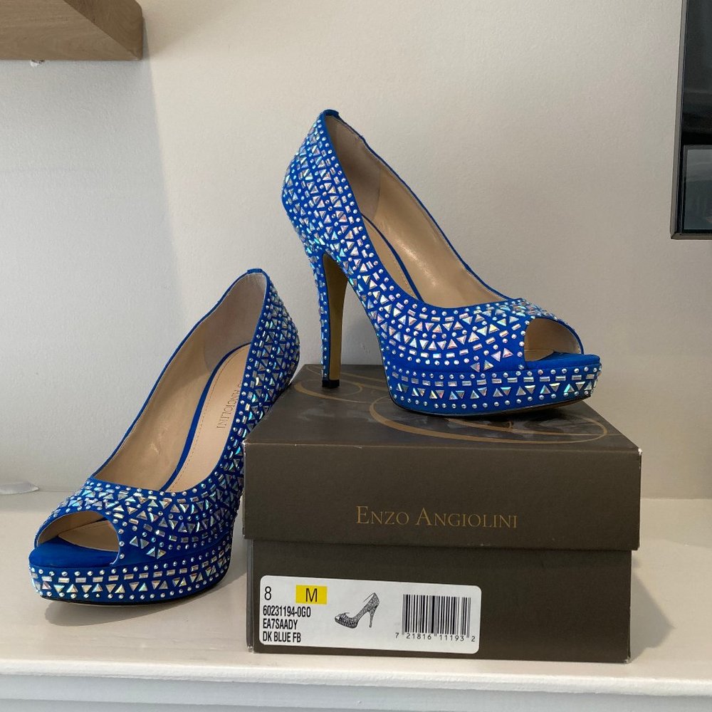 ENZO ANGIOLINI size 8 blue fun embellished platform peep toe heel - Picture 6 of 11